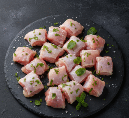 Fresh boneless diced chicken thigh medium curry cut from halal butcher in Milton Keynes