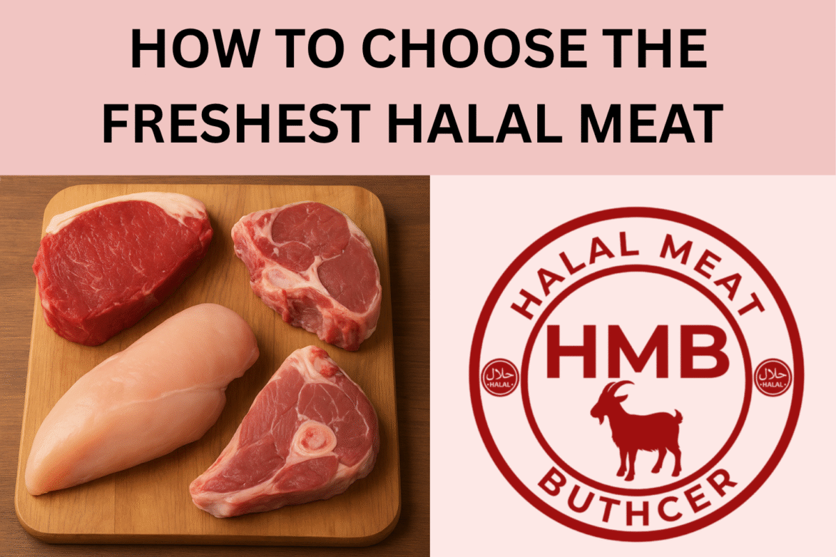 Fresh halal beef, chicken, and lamb cuts on a wooden board — HMB Halal Meat Butcher Milton Keynes