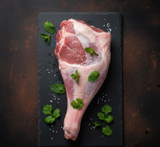 Fresh halal spring lamb leg whole on the bone from butcher in Milton Keynes