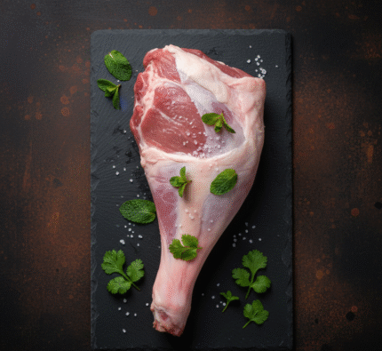 Fresh halal spring lamb leg whole on the bone from butcher in Milton Keynes