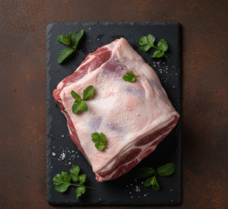 Fresh halal spring lamb shoulder whole on the bone from butcher in Milton Keynes