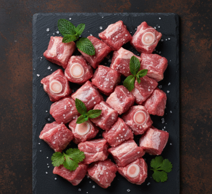 Fresh halal spring lamb leg diced with bone from butcher in Milton Keynes