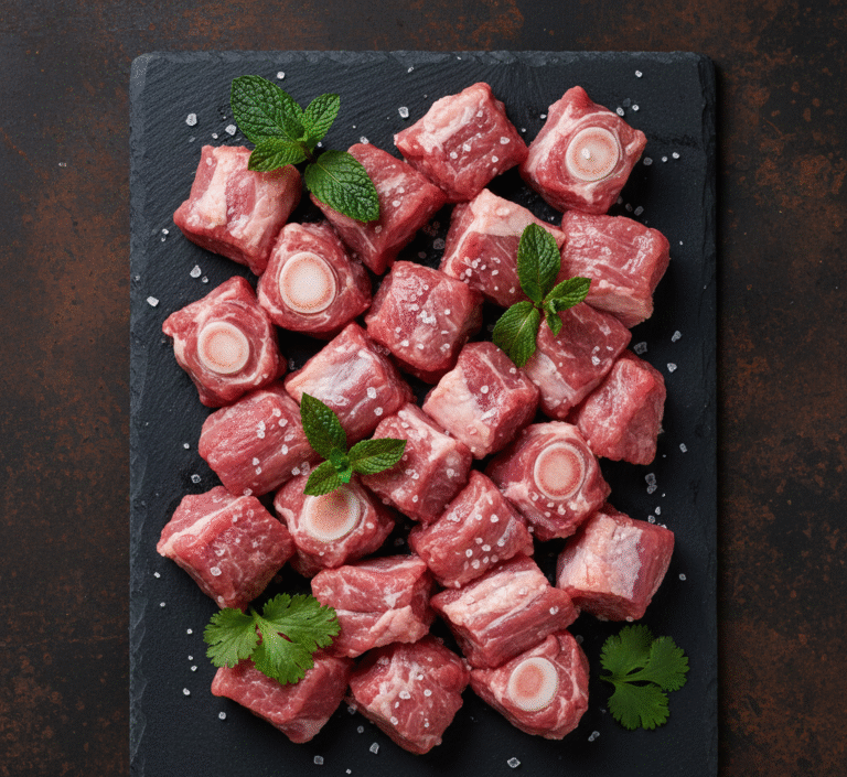 Fresh halal spring lamb leg diced with bone from butcher in Milton Keynes