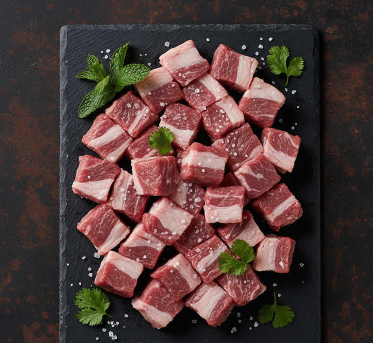 Fresh halal diced spring lamb shoulder with bone from butcher in Milton Keynes