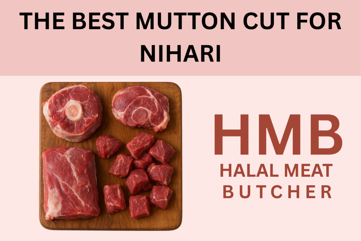 Premium mutton cuts displayed on a wooden board for making perfect nihari, from HMB Halal Meat Butcher in Milton Keynes, UK.