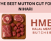 Premium mutton cuts displayed on a wooden board for making perfect nihari, from HMB Halal Meat Butcher in Milton Keynes, UK.
