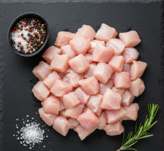 Fresh halal chicken breast dice cut for pasta dishes in the UK