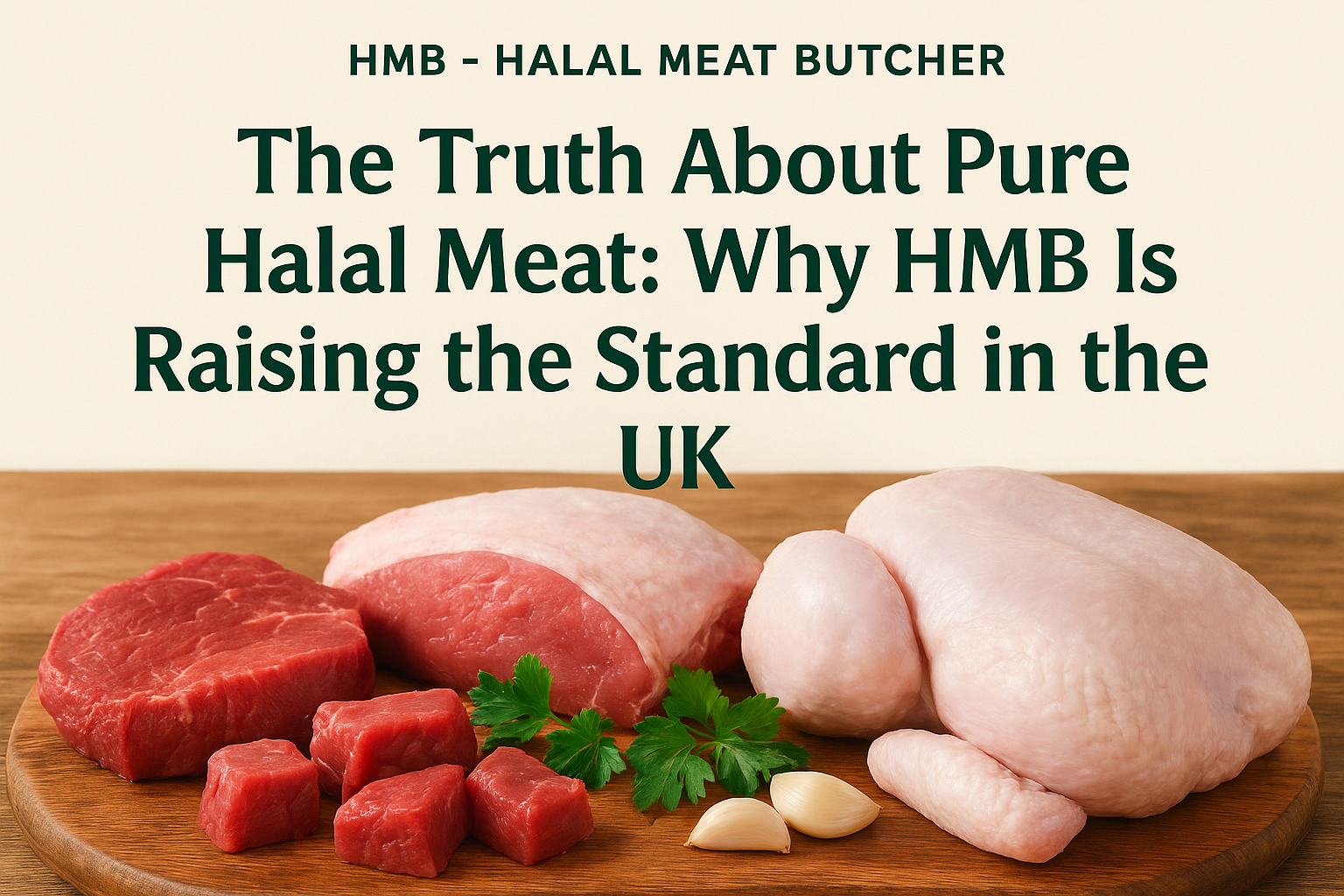 Pure halal meat cuts of beef, lamb, and chicken displayed on a wooden board at HMB Halal Meat Butcher in Milton Keynes, UK.